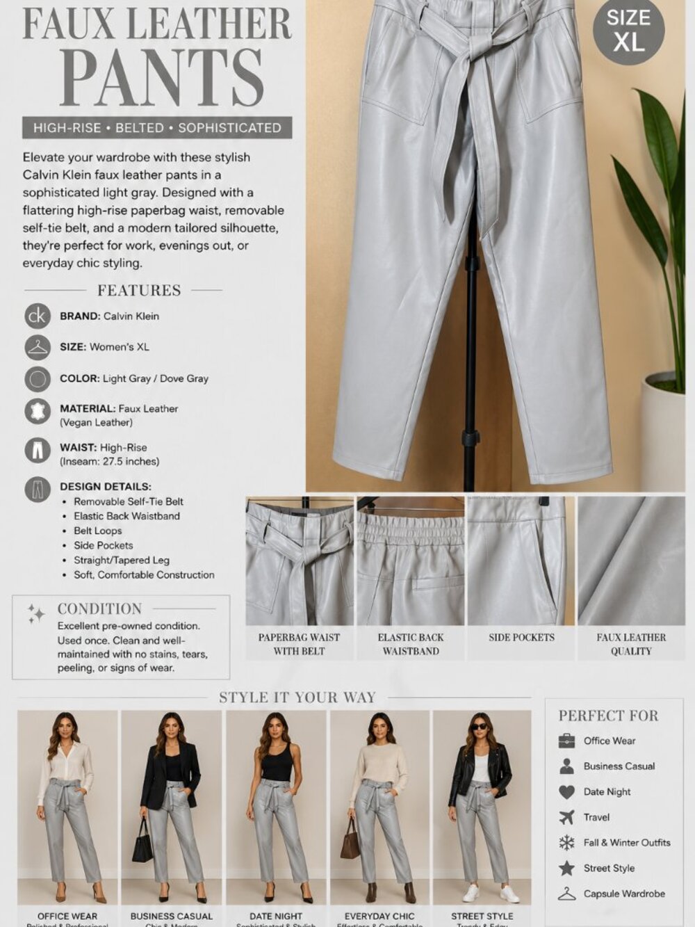 Calvin Klein Faux Leather Pants XL Gray Waist Belted High Rise